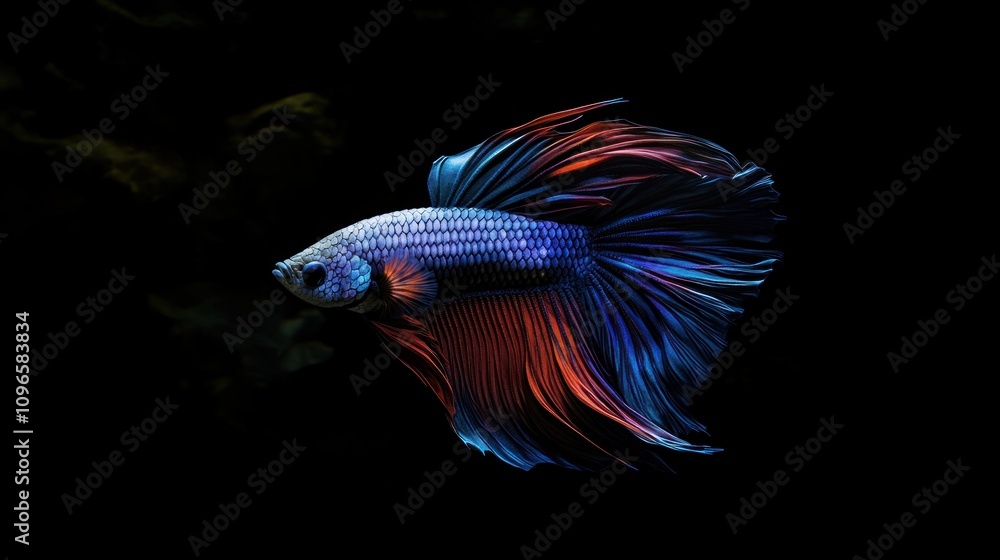 Elegant and Exotic Betta Fish with Vibrant Colors Swimming Gracefully in a Dark Background, Showcasing Stunning Fins and Scales for Aquarium Enthusiasts Elegant and Exotic Betta Fish with Vibrant Colors Swimming Gracefully in a Dark Background, Showcasing Stunning Fins and Scales for Aquarium Enthusiasts