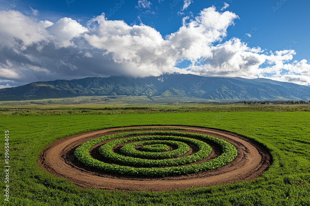 A stunning aerial view of a circular crop pattern surrounded by lush green fields. A stunning aerial view of a circular crop pattern surrounded by lush green fields.