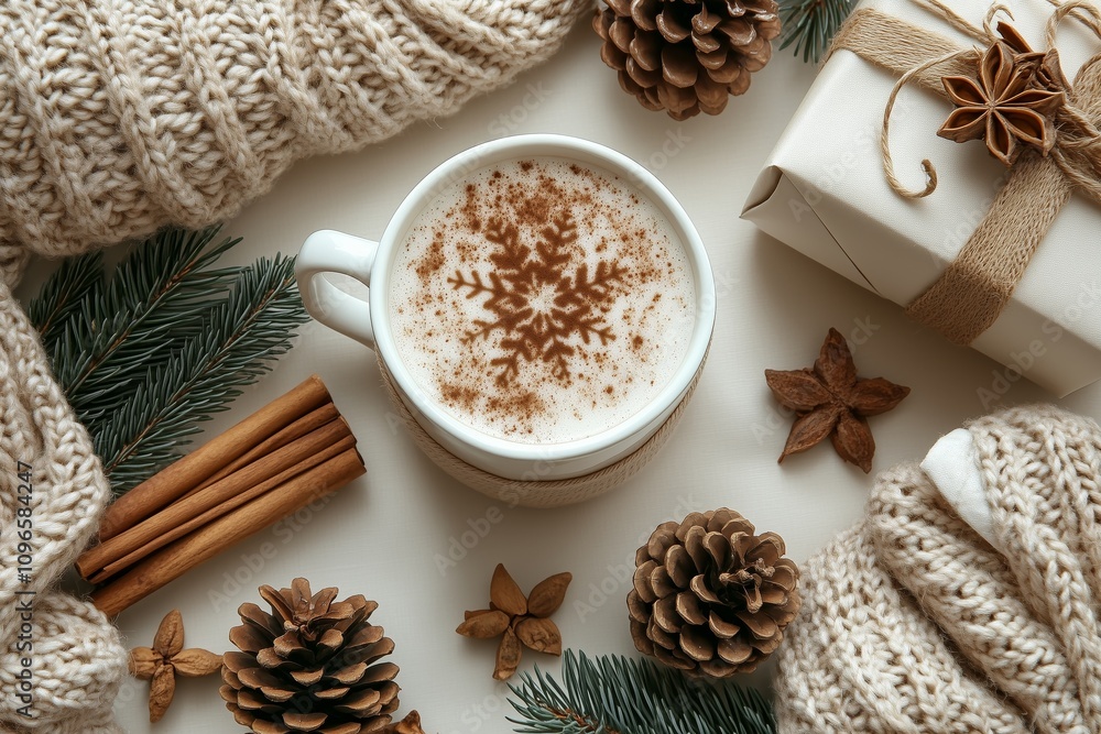 flat lay composition featuring hot chocolate, pine cones, cinnamon sticks and white tablecloth. flat lay composition featuring hot chocolate, pine cones, cinnamon sticks and white tablecloth.
