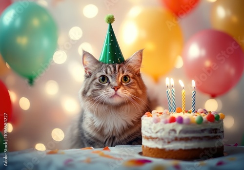 Cheerful Cat in Party Hat Surrounded by Colorful Balloons, Celebrating with a Delicious Cake and Festive Atmosphere, Perfect for Birthday and Celebration Themes
