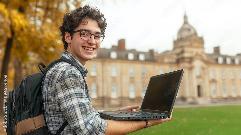 Smiling University Student With Glasses Holds a Laptop Outdoors in Front of Elegant Campus Building Under Autumn Leaves