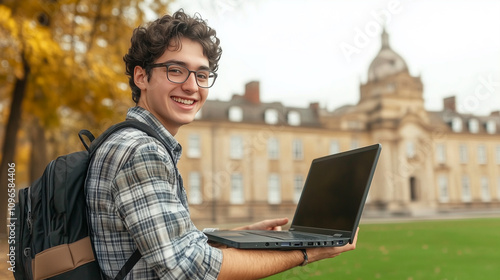Obraz na płótnie Smiling University Student With Glasses Holds a Laptop Outdoors in Front of Elegant Campus Building Under Autumn Leaves w salonie