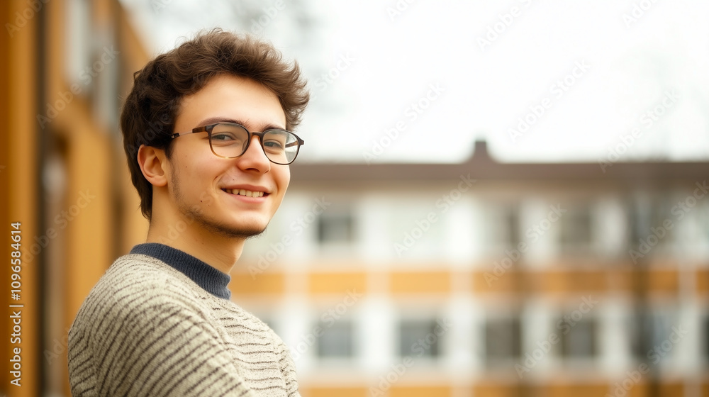 Handsome University Student Outdoors With Glasses, Showcasing His Charm Against a Lively Campus Backdrop