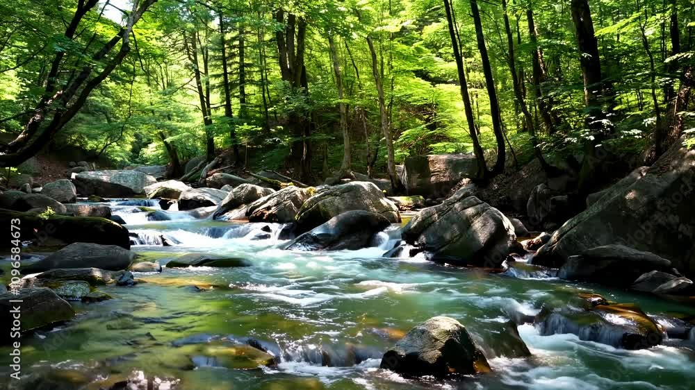 a serene forest stream with clear water flowing over mossy rocks surrounded by vibrant green trees and dappled sunlight