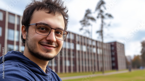 Smiling University Student Poses Confidently With Modern Campus Buildings in the Background During a Sunny Day