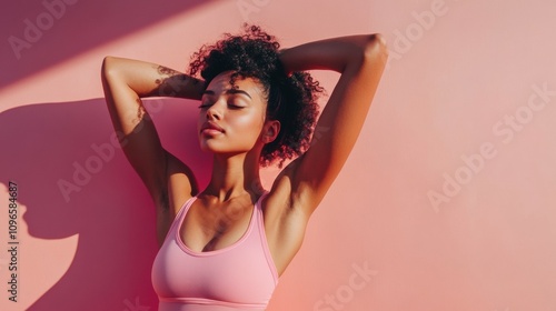 Woman Stretching Against Soft Pastel Pink Wall in Workout Clothes