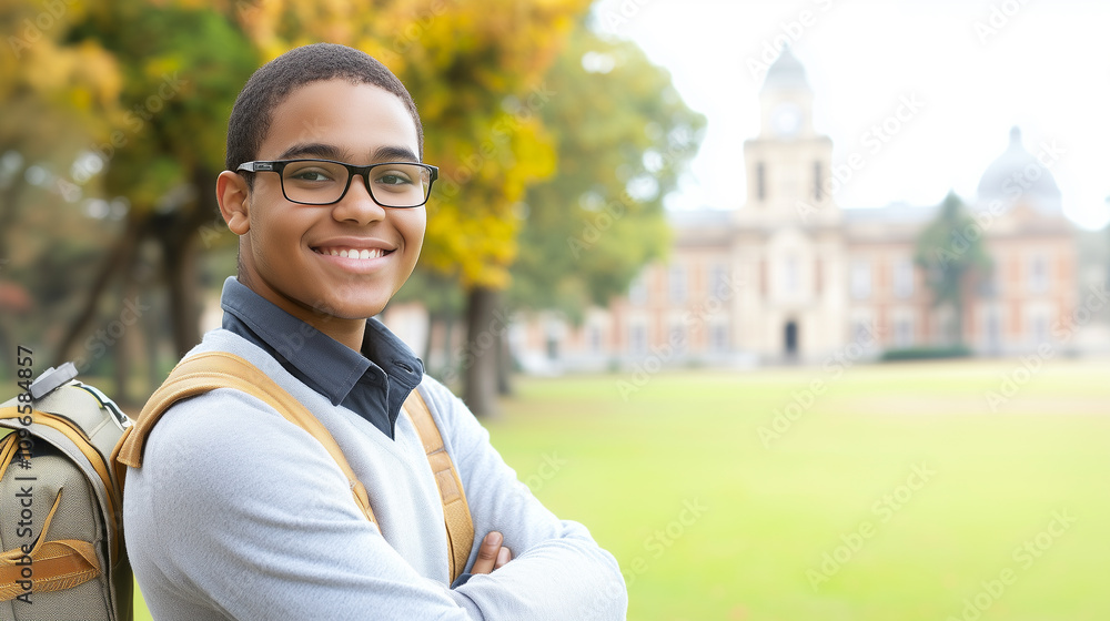 Young Handsome Afroamerican Student Smiling in Front of University Campus During Autumn