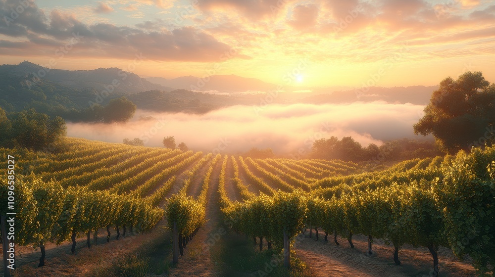 Fototapeta premium Sunrise over a Misty Vineyard: A Breathtaking Landscape Painting