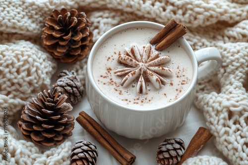 flat lay composition featuring hot chocolate, pine cones, cinnamon sticks and white tablecloth. 