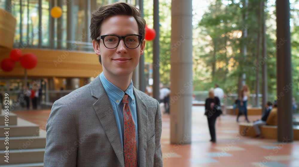 Young Professor Showcases Charm and Intellect Within a Vibrant University Environment During a Sunny Afternoon