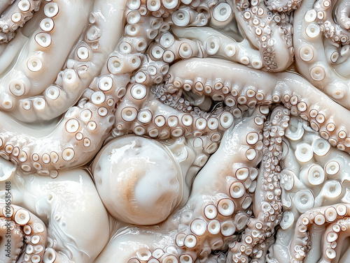 Fresh squid tubes with tentacles, showcasing pale color and intricate textures. image captures unique patterns and forms of squid, evoking sense of marine wonder photo