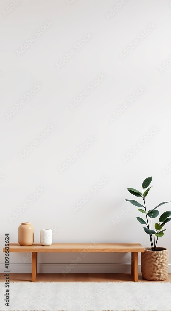 Minimalist living room decor with a wooden bench, two vases, and a potted plant. Minimalist living room decor with a wooden bench, two vases, and a potted plant.