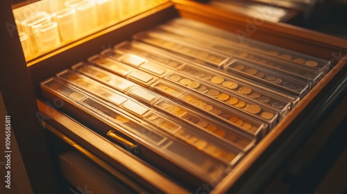 Collection of Vintage Coins Displayed in Organized Storage Drawers with Warm Lighting and Glossy Surfaces for Numismatic Enthusiasts and Collectors photo