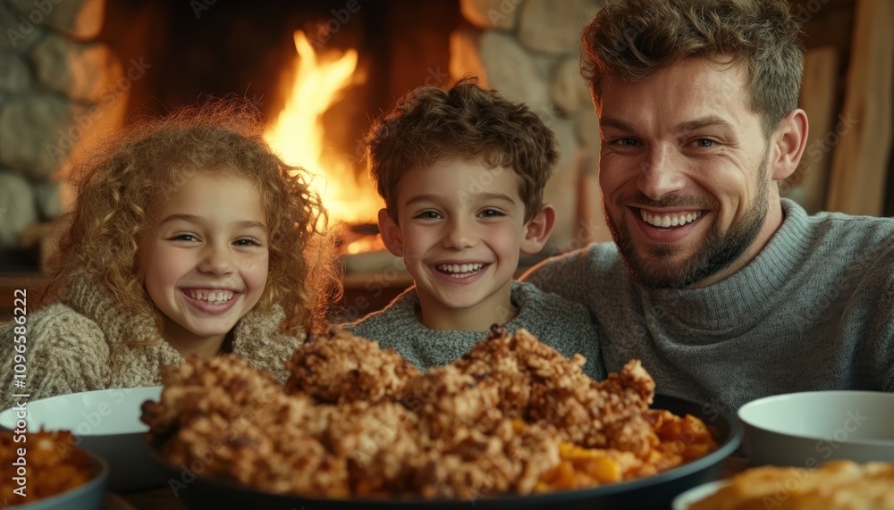 A heartwarming family reunion by a crackling fireplace, their laughter echoing the joy of a shared holiday feast Precious memories are made as loved ones gather around the warm glow, sharing stories A heartwarming family reunion by a crackling fireplace, their laughter echoing the joy of a shared holiday feast Precious memories are made as loved ones gather around the warm glow, sharing stories