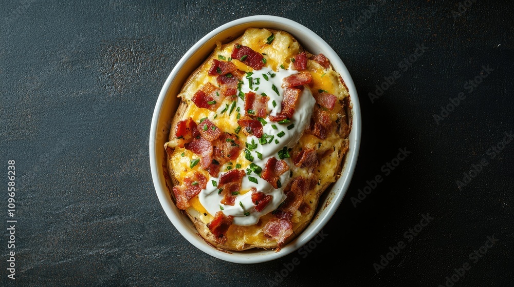 Creamy Potato Bake Topped with Bacon and Chives in Dish Creamy Potato Bake Topped with Bacon and Chives in Dish