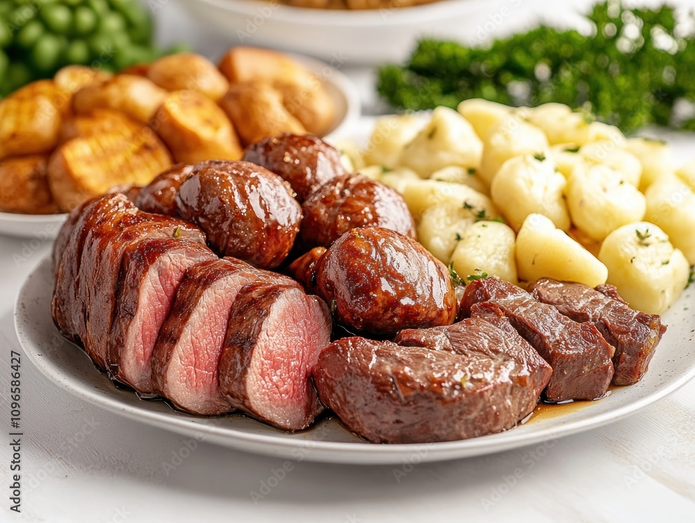 A heartwarming family reunion dinner featuring freshly prepared dishes succulent roasted beef tenderloin, perfectly cooked gnocchi, savory roasted mushrooms, and golden-brown roasted potatoes This A heartwarming family reunion dinner featuring freshly prepared dishes succulent roasted beef tenderloin, perfectly cooked gnocchi, savory roasted mushrooms, and golden-brown roasted potatoes This