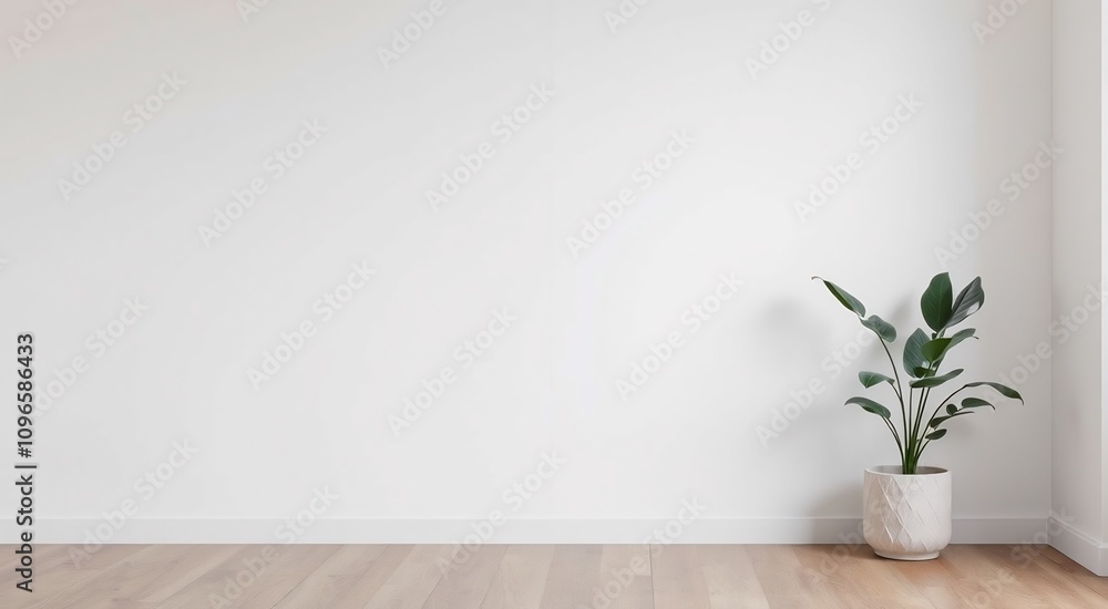 A single potted plant stands in the corner of a white room with wood flooring. A single potted plant stands in the corner of a white room with wood flooring.