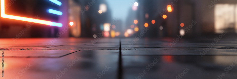 A neon-lit street at dusk with blurred lights creates a mysterious, futuristic vibe, evoking feelings of intrigue and wonder amidst the urban ambiance.