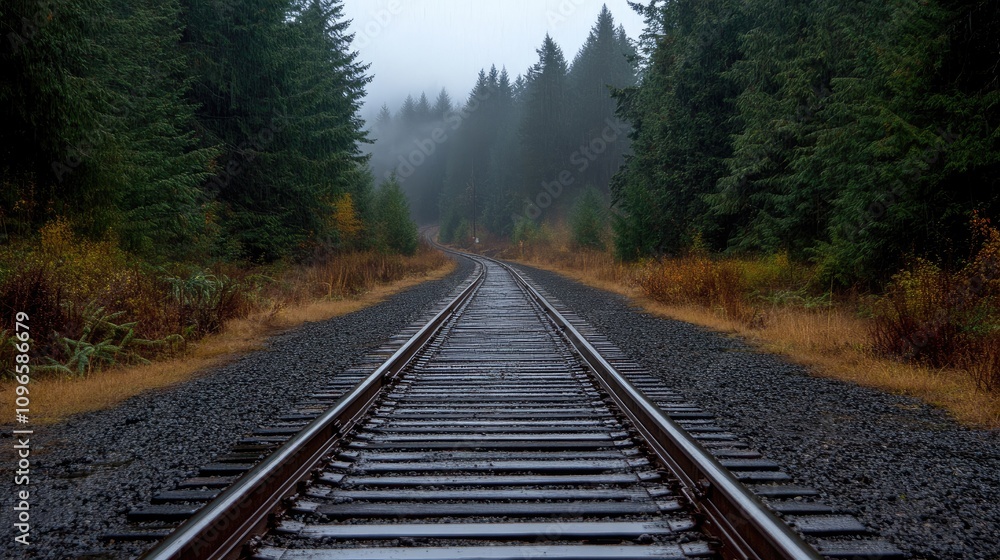 Fototapeta premium Fog envelops the old railroad track, creating a serene atmosphere as it leads through the dense forest under soft morning light