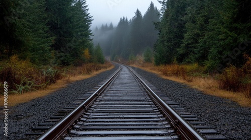 Fog envelops the old railroad track, creating a serene atmosphere as it leads through the dense forest under soft morning light