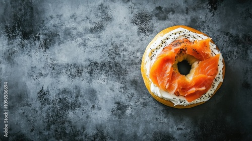 Top view of a New York-style bagel with cream cheese and lox. Copy space available.