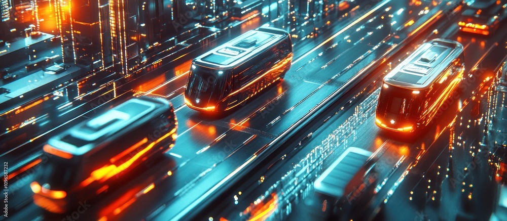 Futuristic city highway with autonomous buses driving at night. Futuristic city highway with autonomous buses driving at night.