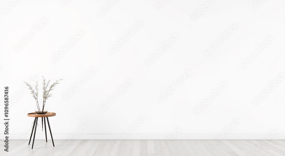 Minimalist white wall with wooden floor and side table. Minimalist white wall with wooden floor and side table.