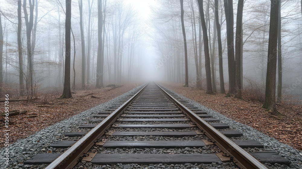 Fototapeta premium Fog envelops the old railroad track, creating a serene atmosphere as it leads through the dense forest under soft morning light