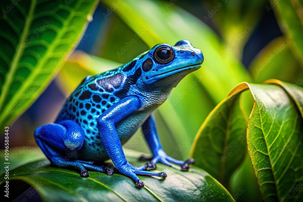 Obraz premium Close-Up of a Vibrant Blue Poison Dart Frog in Its Natural Habitat, Showcasing Intricate Skin Patterns and Bright Colors Amidst Lush Tropical Foliage and Rainforest Background