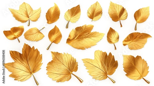 Golden leaves collection. Autumn foliage, decorative elements, nature, gold, fall, leaves, design, pattern, background, texture, graphic, illustration, 3d, realistic, isolated, white background