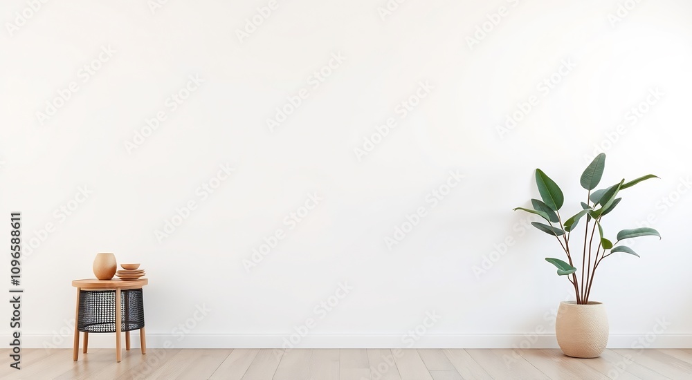 Minimalist interior design with a wooden side table and a potted plant. Minimalist interior design with a wooden side table and a potted plant.