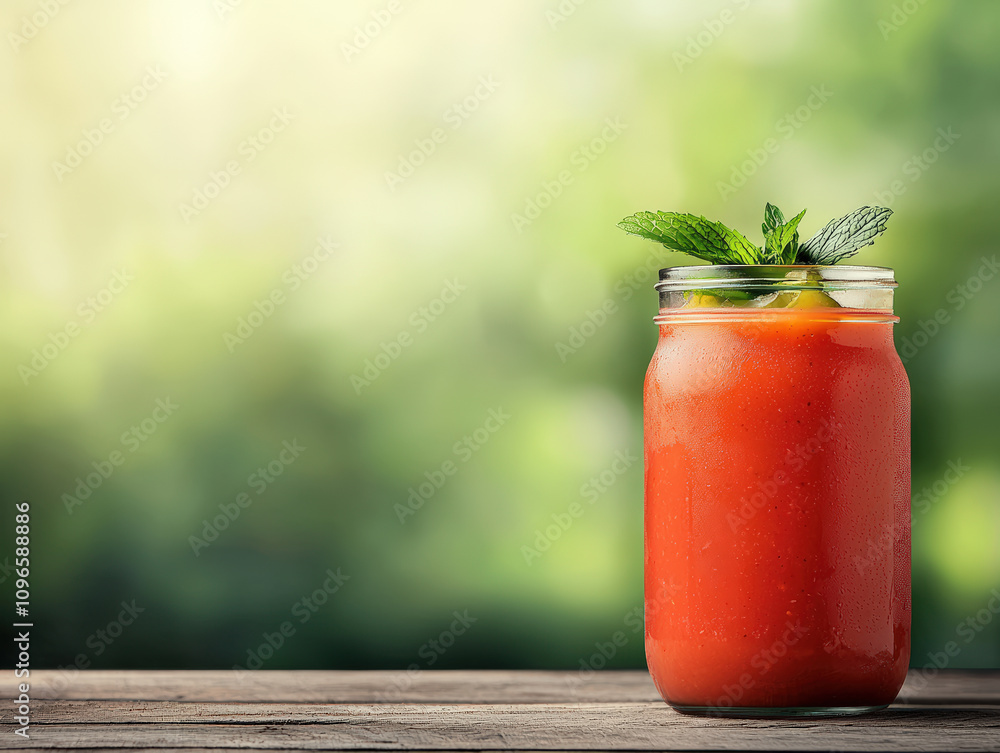 Refreshing Bloody Mary in mason jar garnished with mint leaves, perfect for sunny day. This vibrant drink is ideal for brunch or casual gathering Refreshing Bloody Mary in mason jar garnished with mint leaves, perfect for sunny day. This vibrant drink is ideal for brunch or casual gathering