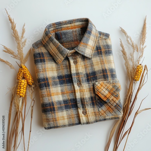 Cozy flannel shirt styled with autumn decor. photo