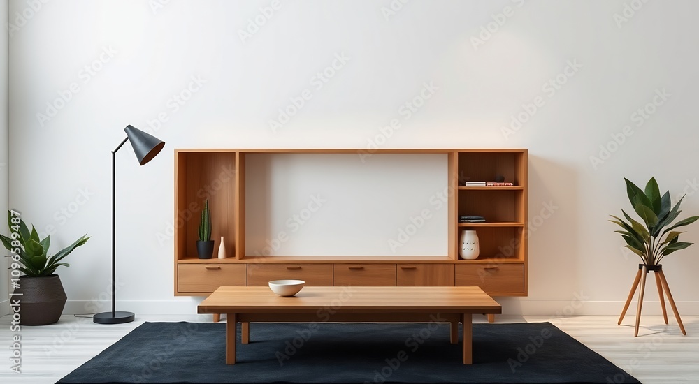 Modern living room interior with a wooden cabinet, a coffee table, and two plants. Modern living room interior with a wooden cabinet, a coffee table, and two plants.
