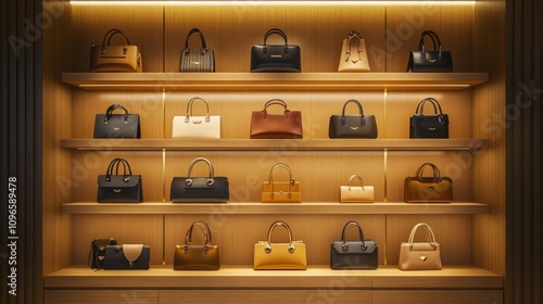 Wallpaper Mural Designer handbags neatly organized on modern wooden shelves in a sophisticated retail space, with golden fixtures and a chic, contemporary vibe Torontodigital.ca