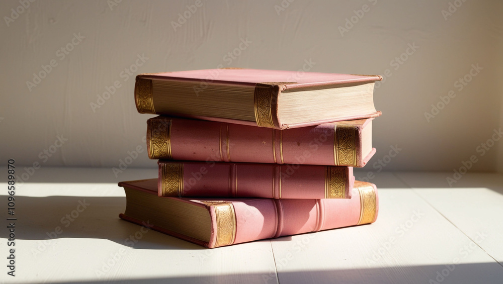 Three pink books stacked on top of each other Three pink books stacked on top of each other