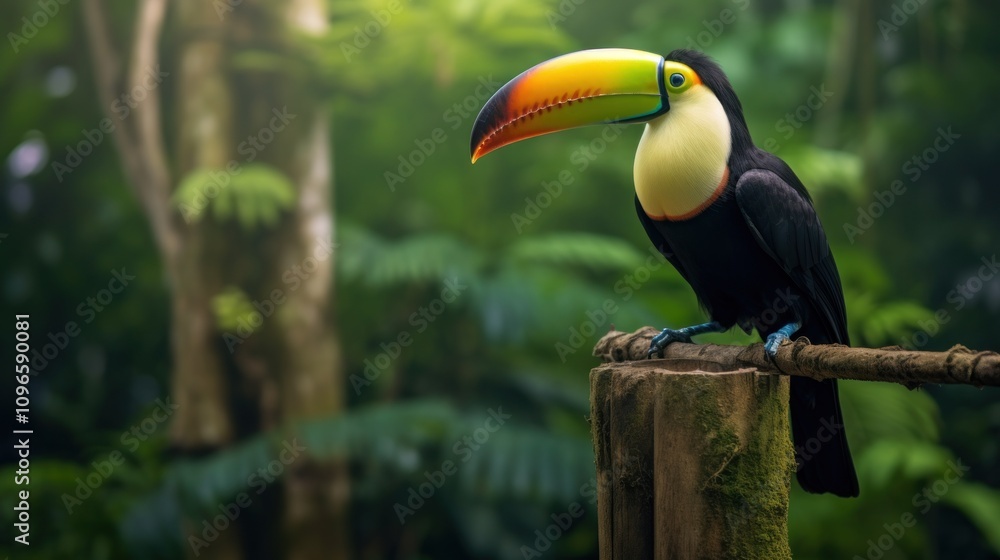 Naklejka premium Captivating Solitary Toucan Perched on a Natural Log Amidst Lush Greenery in a Tropical Forest Setting, Showcasing Vivid Colors and Serenity of Wildlife