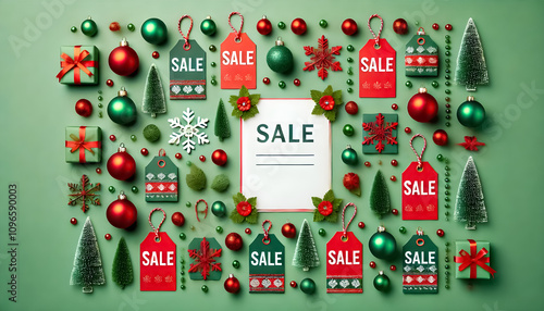 Red and green sale tags with ornaments on top and bottom edges, leaving a clean middle space for the banner.