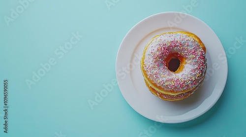 Colorful Sprinkled Donuts on White Plate with Turquoise Background