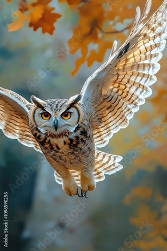 Majestic Owl in Flight with Vibrant Autumn Background Showcasing Detailed Feathers and Striking Eyes Capturing Nature's Beauty in Full Color photo