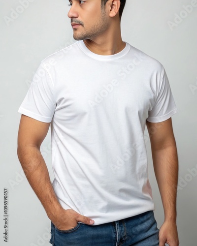 Classic white t-shirt for men with a relaxed fit paired with jeans on a plain background 