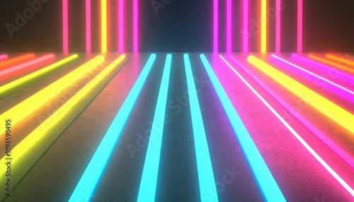 Vibrant neon light tubes on dark floor.