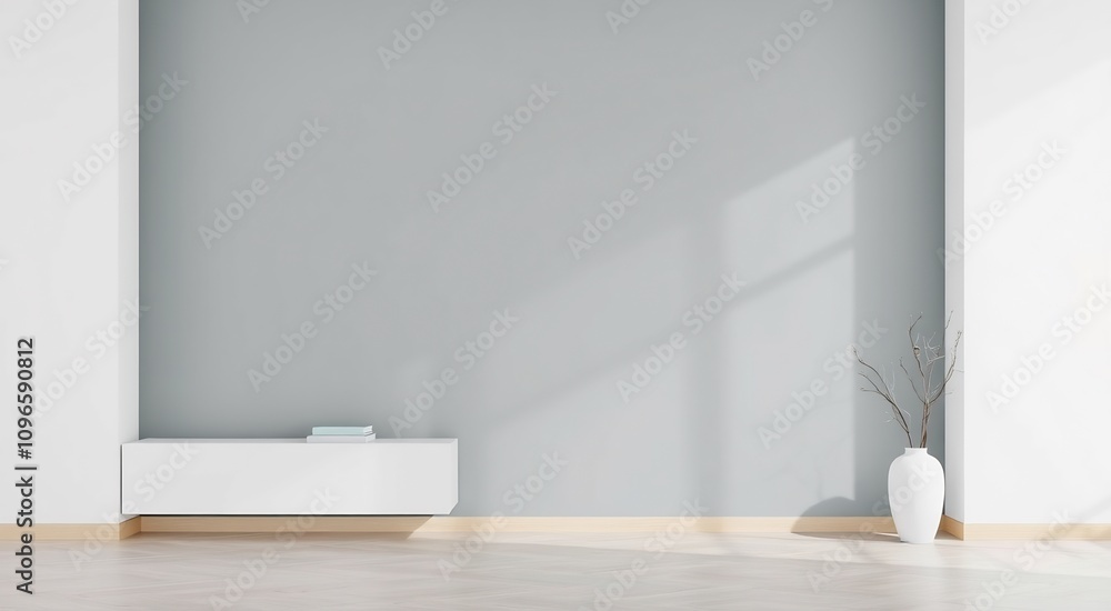 Modern minimalist living room with a grey wall, white floating shelf, and a vase with dried branches in the corner. Modern minimalist living room with a grey wall, white floating shelf, and a vase with dried branches in the corner.