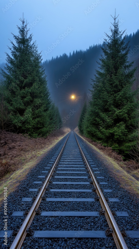 Fototapeta premium Fog envelops the old railroad track, creating a serene atmosphere as it leads through the dense forest under soft morning light