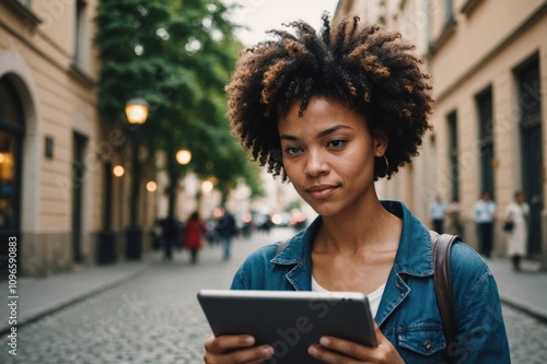 Multiracial young woman using digital tablet . copy space, unaltered, afro hair, short hair and technology. photo