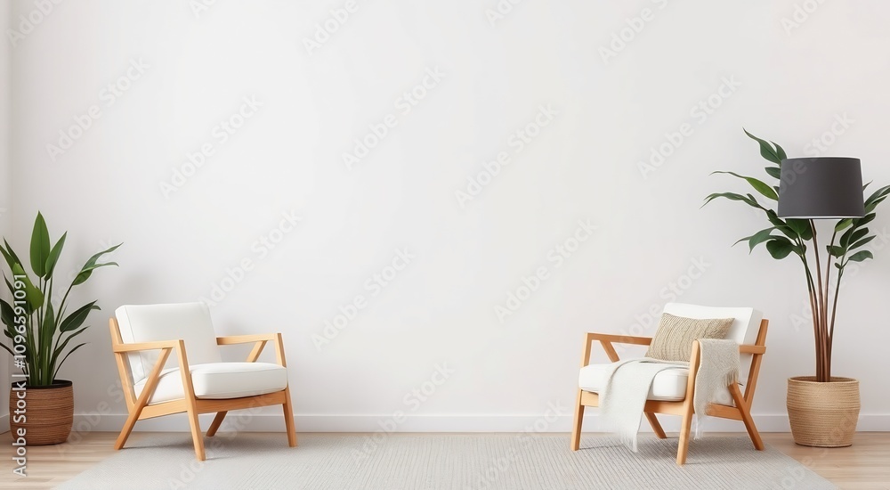 Two wooden armchairs with white cushions and a throw blanket, next to a potted plant with a black lamp and wicker basket. Two wooden armchairs with white cushions and a throw blanket, next to a potted plant with a black lamp and wicker basket.