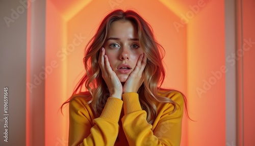 Pretty woman's expression on a color background. A spectacularly lifestyle wallpaper. photo