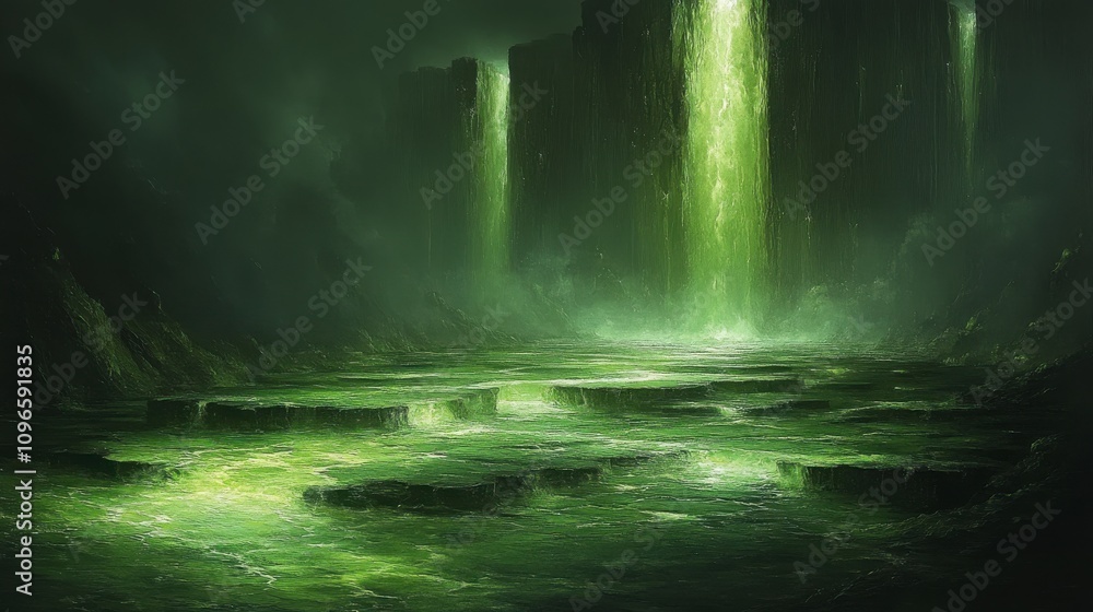 Fototapeta premium Enchanted Green Waterfall Landscape: A Mystical Green Valley