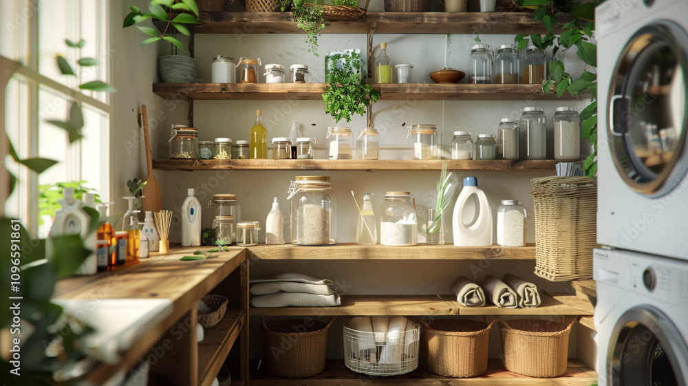 Eco-friendly laundry room with wooden shelves, glass jars, and biodegradable products, emphasizing sustainable cleaning.