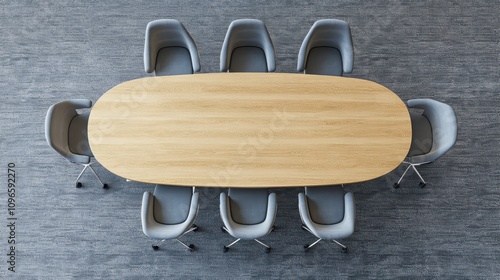 Top view of wooden table and gray armchairs in conference room with carpet floor, minimalist interior design. Mockup concept for text or artwork, 3D rendering illustration